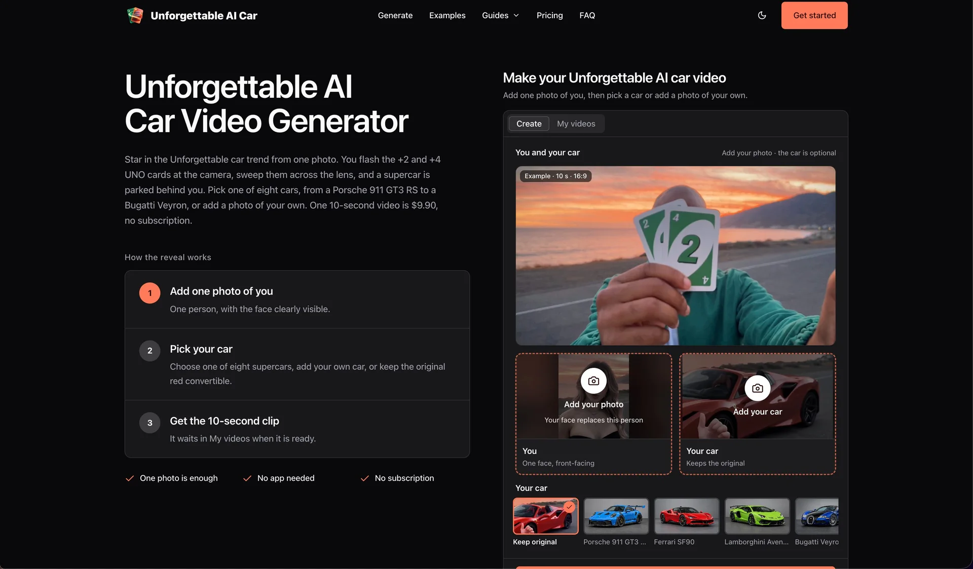 Product screenshot of unforgettable car ai — AI Video Generator