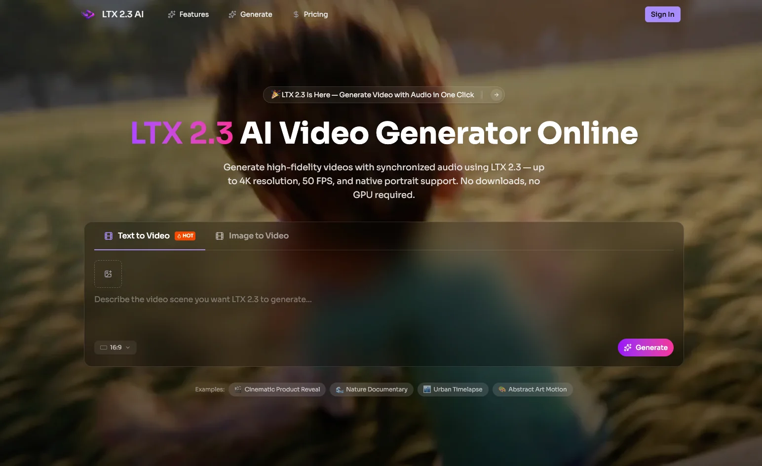 Product screenshot of LTX 2.3 AI Video Generator