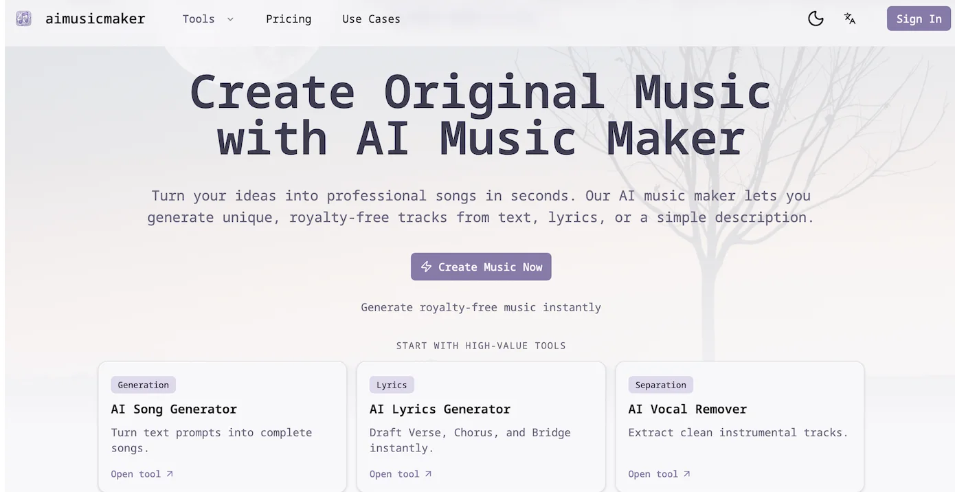 Product screenshot of aimusicmaker — AI Agent Tools